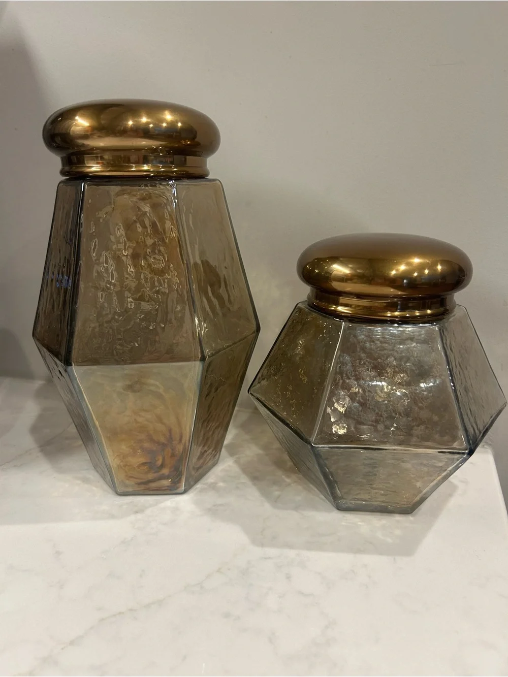 Glass Hex Canister with Gold Lid - Amber Smoke